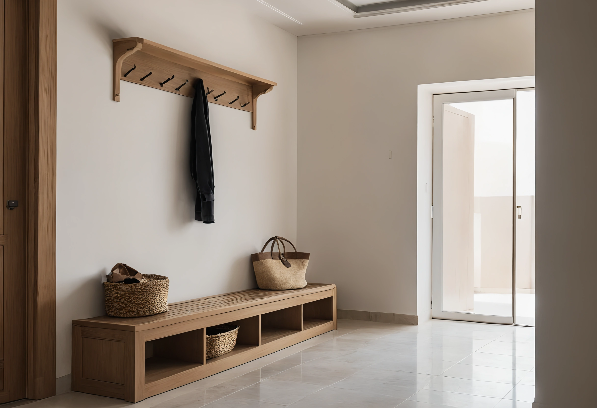 Entrance hall of a Dubai townhouse with an oak bench with open cubbies, hooks on the wall and a stone floor