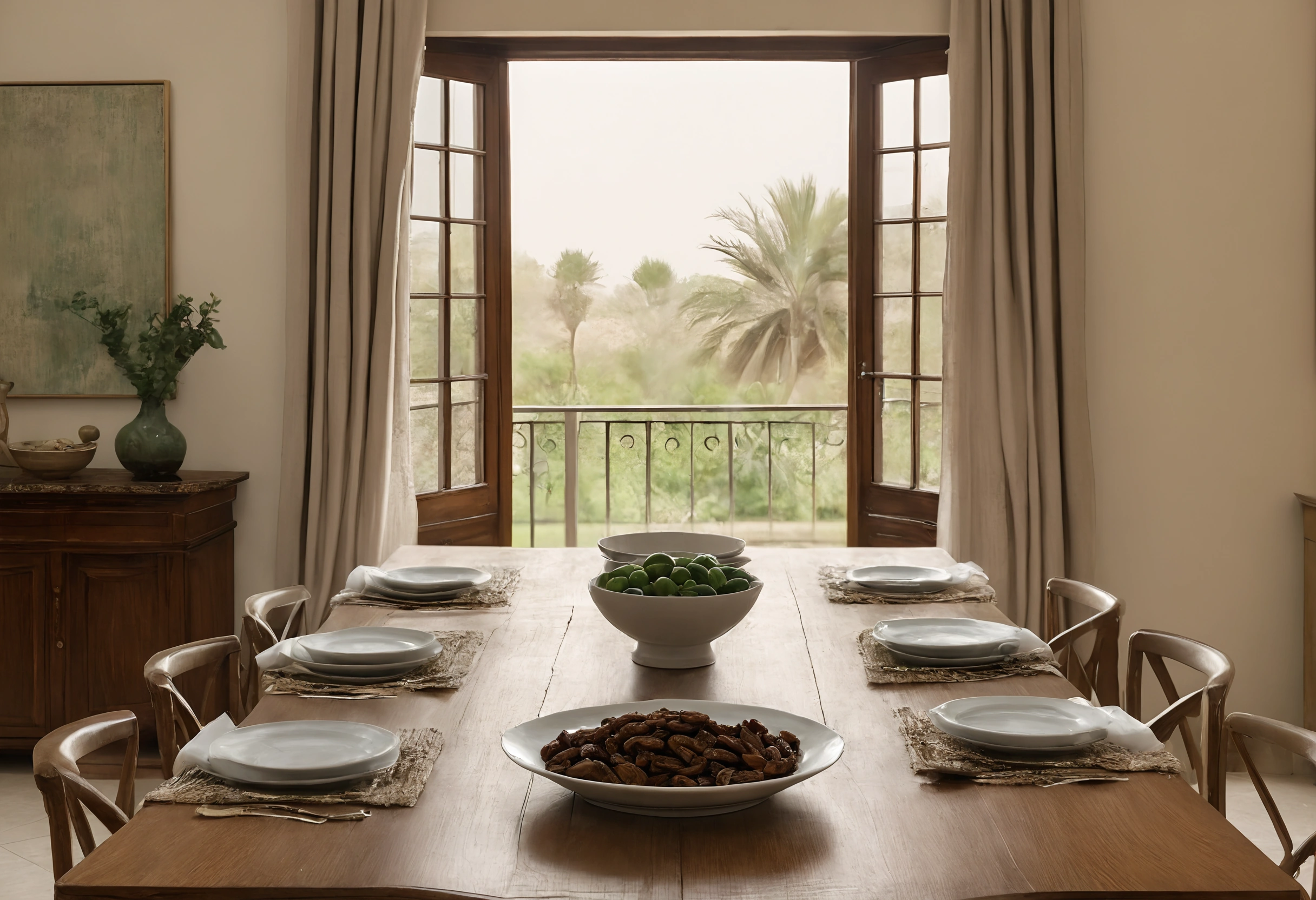 Long wooden dining table in a Dubai villa set with plain white plates and bowls of dates, a sideboard behind and open doors to the garden