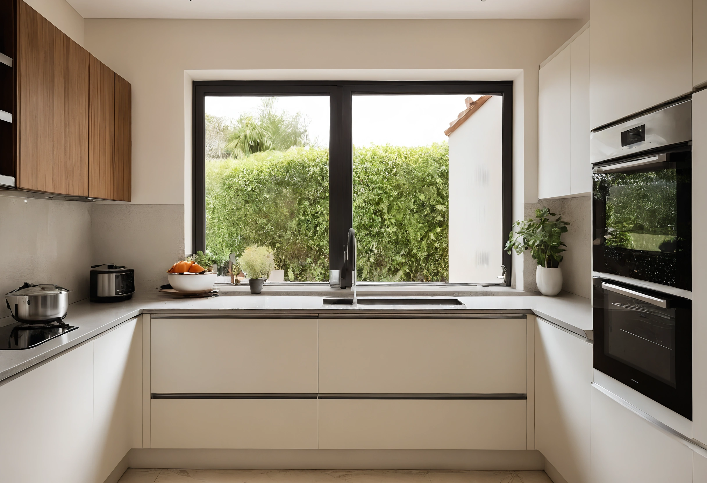 Family kitchen with long pale worktops, built-in ovens, a hob with a pot and a window onto a garden hedge