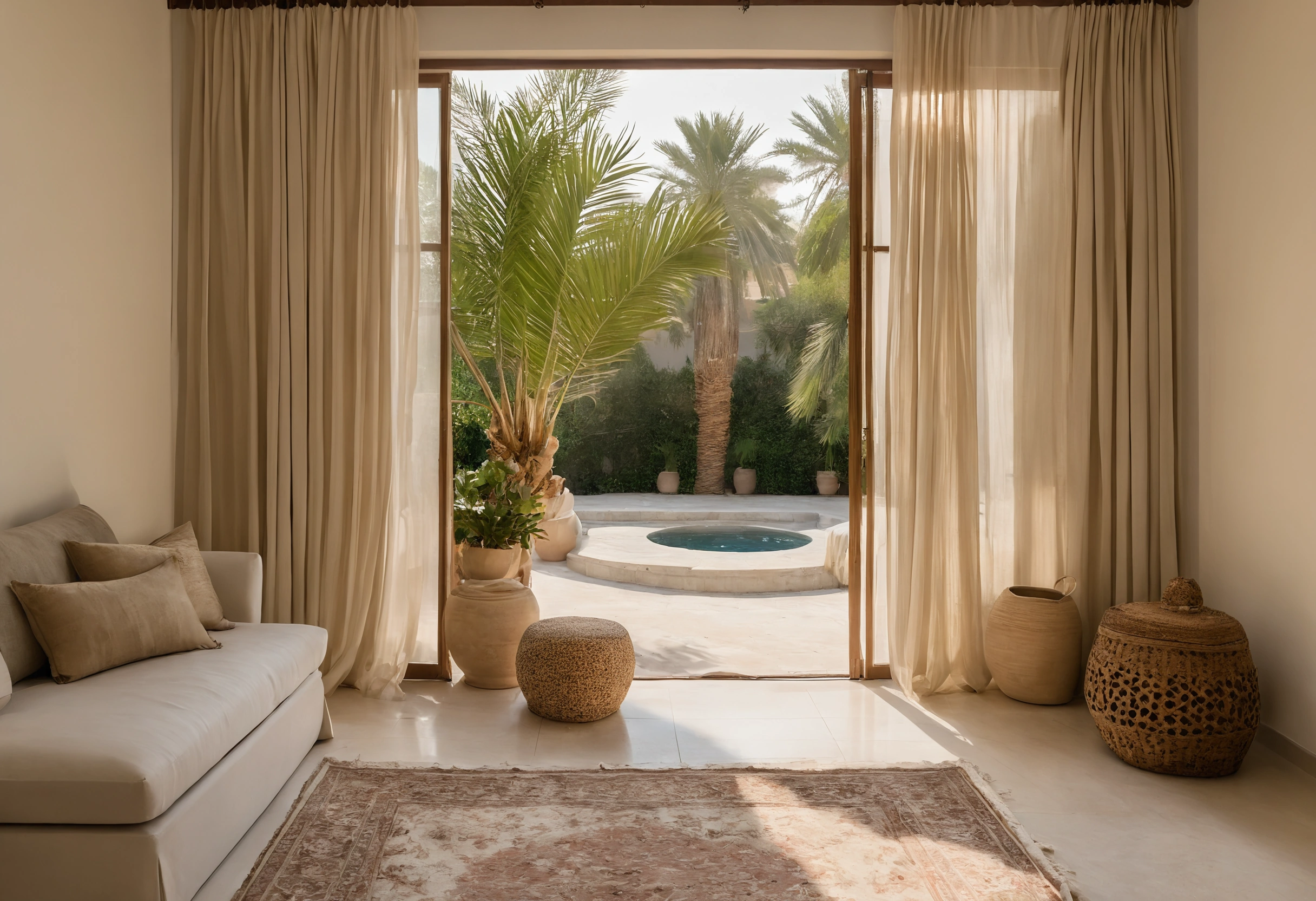 Villa sitting room in late afternoon light with a low sofa, a patterned rug, woven baskets and sheer curtains at doors to a garden